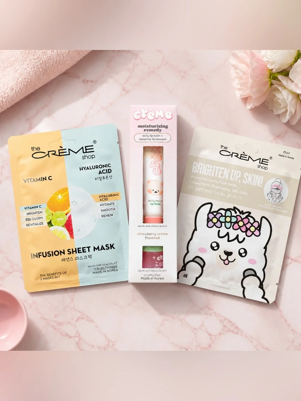 NIB The Creme Shop 3 Piece Skin Care Fusion Mask, Brighten Mask & 1 Lip Balm